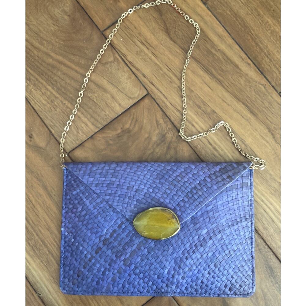 Kayu Blue Purple Straw Raffia Handbag Clutch‎ Agate Gemstone Gold Envelope Artsy